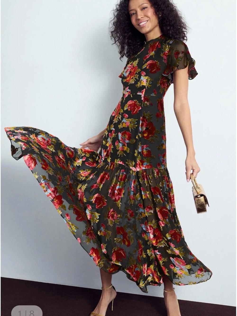 RIXO Olive Maxi Dress with Red & Pink Floral Pattern